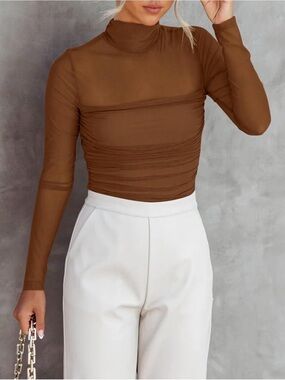 Brown Mock Turtle Neck Long Sleeve Mesh